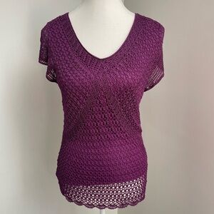 Vintage Y2K Purple Cleo Crochet Knit Babydoll Longline Top Shirt
